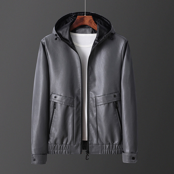 Herren leichte Kunstlederjacke mit Kapuze und praktischen Reißverschlusstaschen Echoarchiv