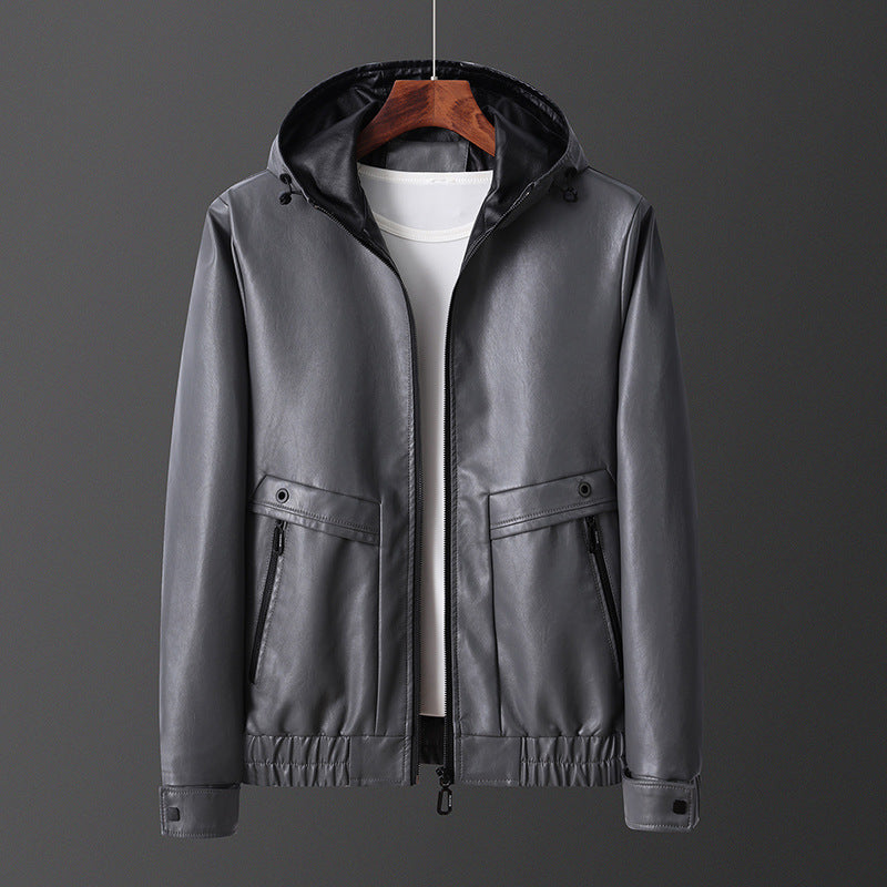 Herren leichte Kunstlederjacke mit Kapuze und praktischen Reißverschlusstaschen Echoarchiv