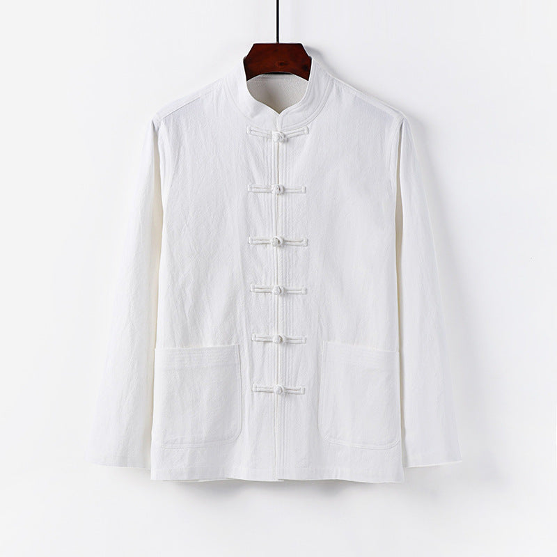 Herren traditionelle Tang-Jacke mit Stehkragen und Knotenknöpfen aus Leinenmischung Echoarchiv