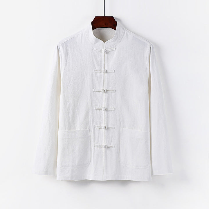 Herren traditionelle Tang-Jacke mit Stehkragen und Knotenknöpfen aus Leinenmischung Echoarchiv