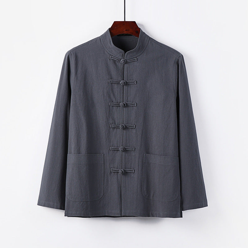 Herren traditionelle Tang-Jacke mit Stehkragen und Knotenknöpfen aus Leinenmischung Echoarchiv