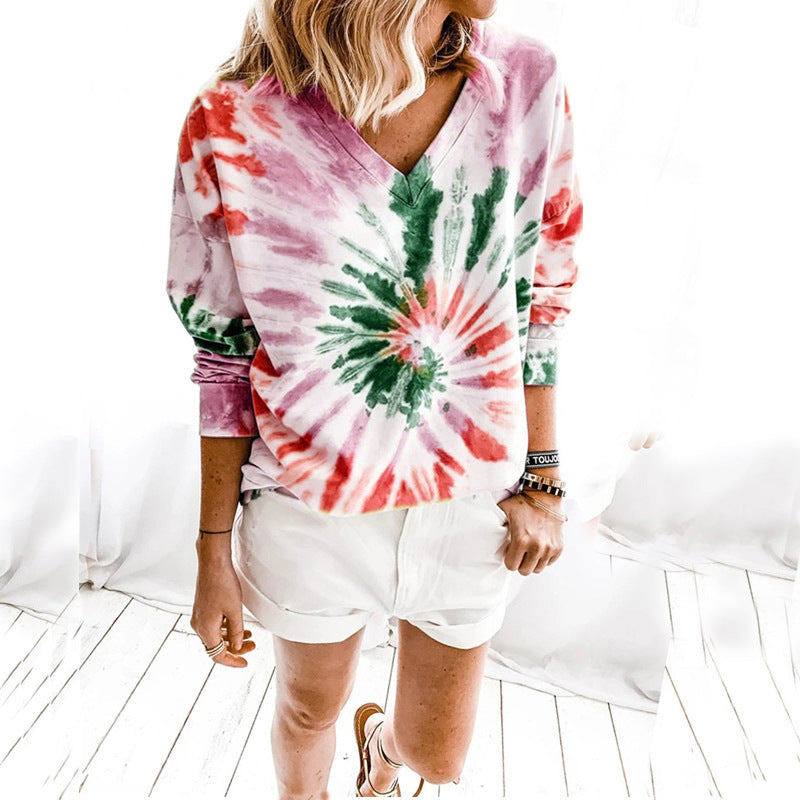 Damen Lässiges Batik-V‑Ausschnitt Sweatshirt mit lockerer Passform Echoarchiv