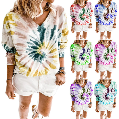 Damen Lässiges Batik-V‑Ausschnitt Sweatshirt mit lockerer Passform Echoarchiv