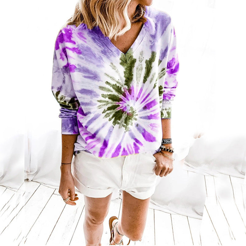 Damen Lässiges Batik-V‑Ausschnitt Sweatshirt mit lockerer Passform Echoarchiv