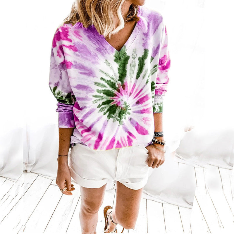 Damen Lässiges Batik-V‑Ausschnitt Sweatshirt mit lockerer Passform Echoarchiv