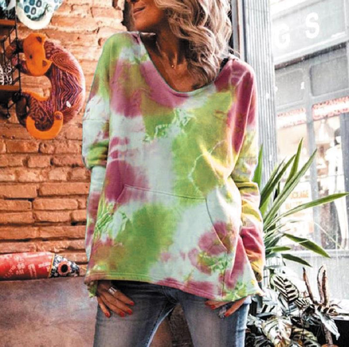 Damen Oversize Batik-Pullover mit V-Ausschnitt und Kängurutasche Echoarchiv