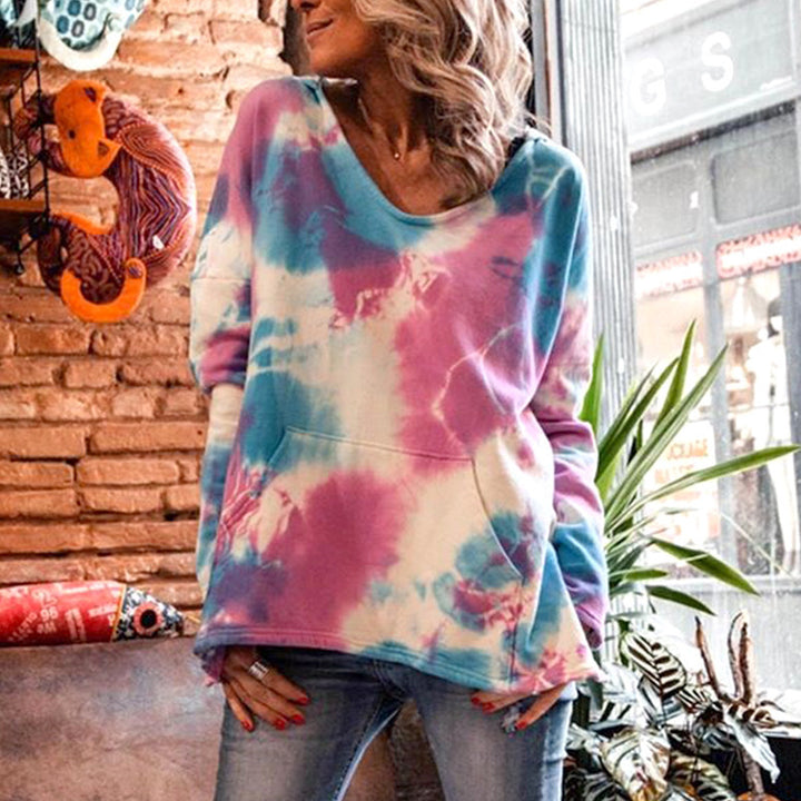 Damen Oversize Batik-Pullover mit V-Ausschnitt und Kängurutasche Echoarchiv