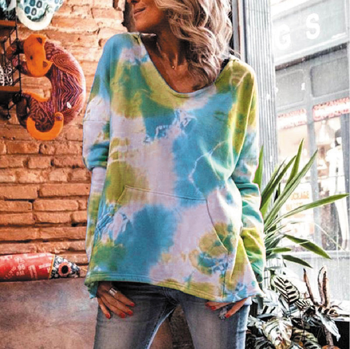 Damen Oversize Batik-Pullover mit V-Ausschnitt und Kängurutasche Echoarchiv
