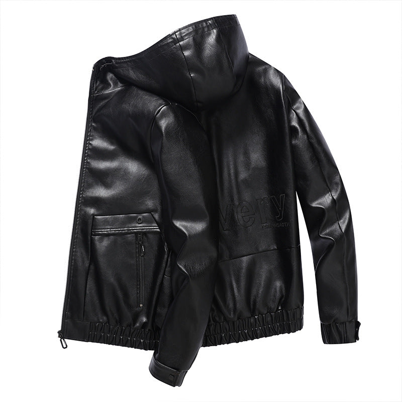 Herren leichte Kunstlederjacke mit Kapuze und praktischen Reißverschlusstaschen Echoarchiv