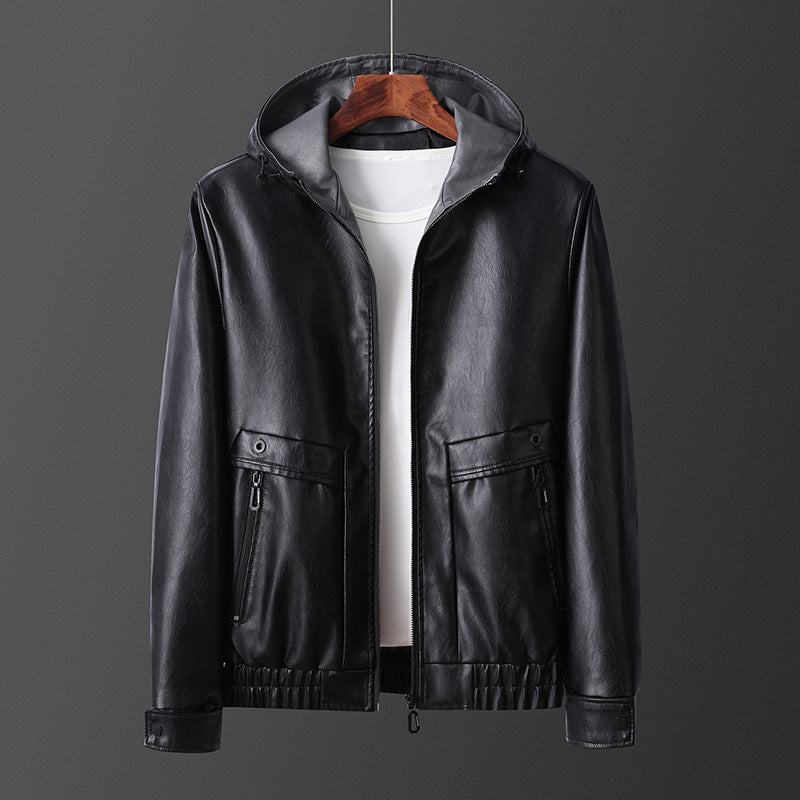 Herren leichte Kunstlederjacke mit Kapuze und praktischen Reißverschlusstaschen Echoarchiv