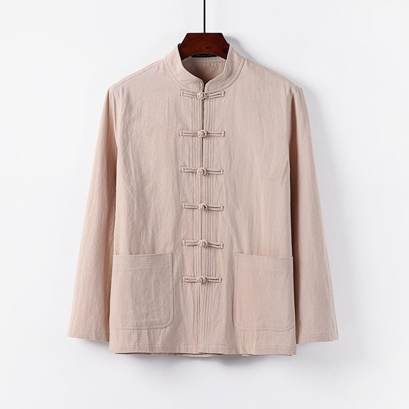 Herren traditionelle Tang-Jacke mit Stehkragen und Knotenknöpfen aus Leinenmischung Echoarchiv
