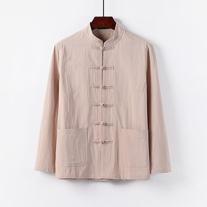 Herren traditionelle Tang-Jacke mit Stehkragen und Knotenknöpfen aus Leinenmischung Echoarchiv