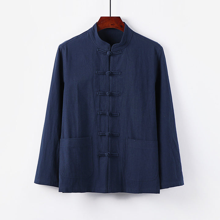 Herren traditionelle Tang-Jacke mit Stehkragen und Knotenknöpfen aus Leinenmischung Echoarchiv