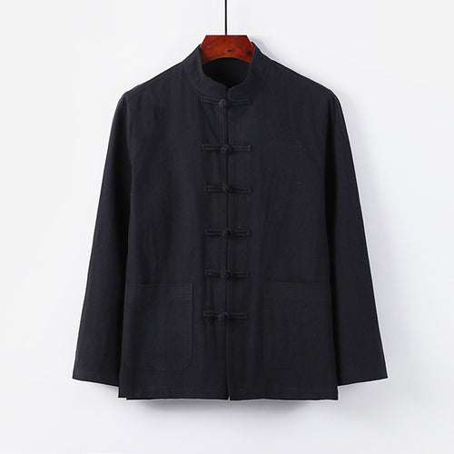Herren traditionelle Tang-Jacke mit Stehkragen und Knotenknöpfen aus Leinenmischung Echoarchiv