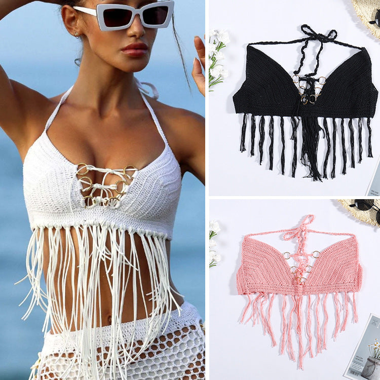 Damen Häkel-Bikini-Oberteil mit Fransen und dekorativen Ringen Echo Archiv