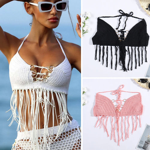 Damen Häkel-Bikini-Oberteil mit Fransen und dekorativen Ringen Echo Archiv