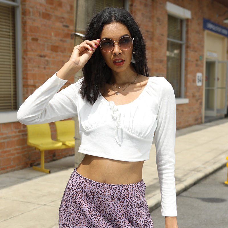 Damen figurbetontes Crop-Top mit gerafftem Bustier, U-Boot-Ausschnitt und langen Ärmeln – Avérine