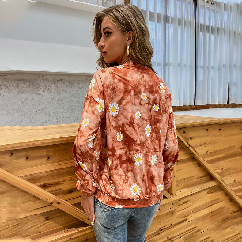 Damen locker geschnittenes Sweatshirt mit Gänseblümchen‑Print Batik‑Optik und Kängurutasche – Avérine
