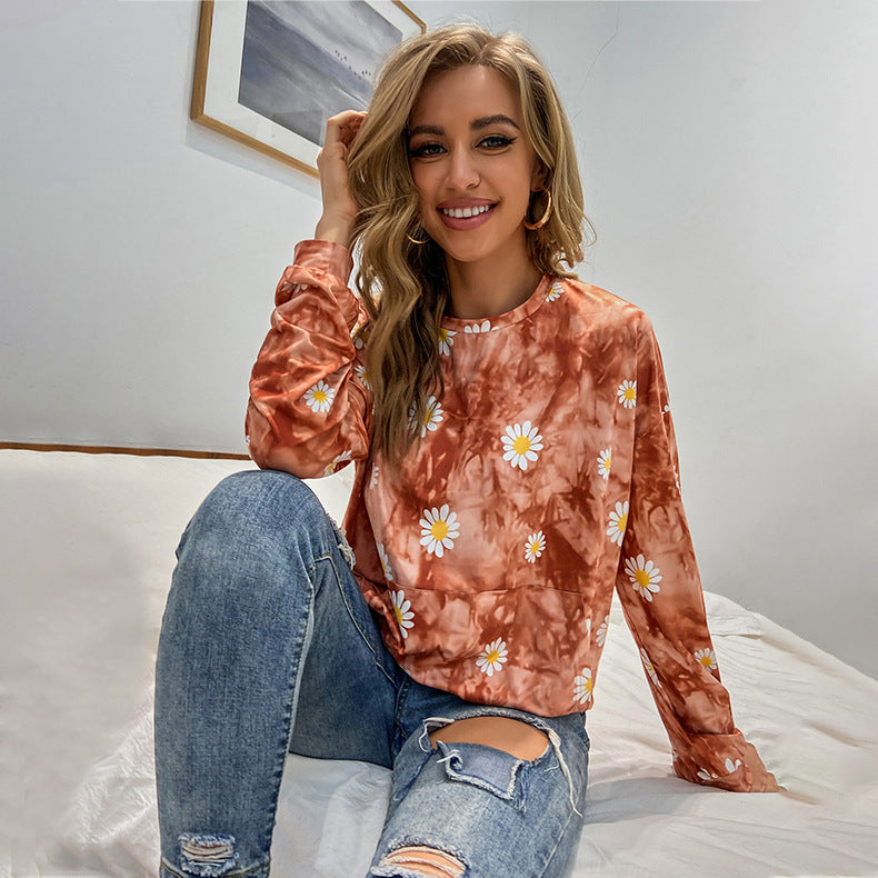 Damen locker geschnittenes Sweatshirt mit Gänseblümchen‑Print Batik‑Optik und Kängurutasche – Avérine