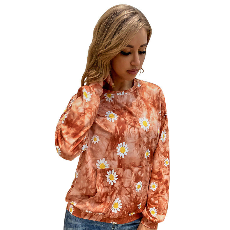 Damen locker geschnittenes Sweatshirt mit Gänseblümchen‑Print Batik‑Optik und Kängurutasche – Avérine