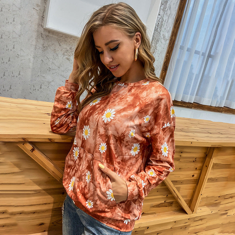Damen locker geschnittenes Sweatshirt mit Gänseblümchen‑Print Batik‑Optik und Kängurutasche – Avérine