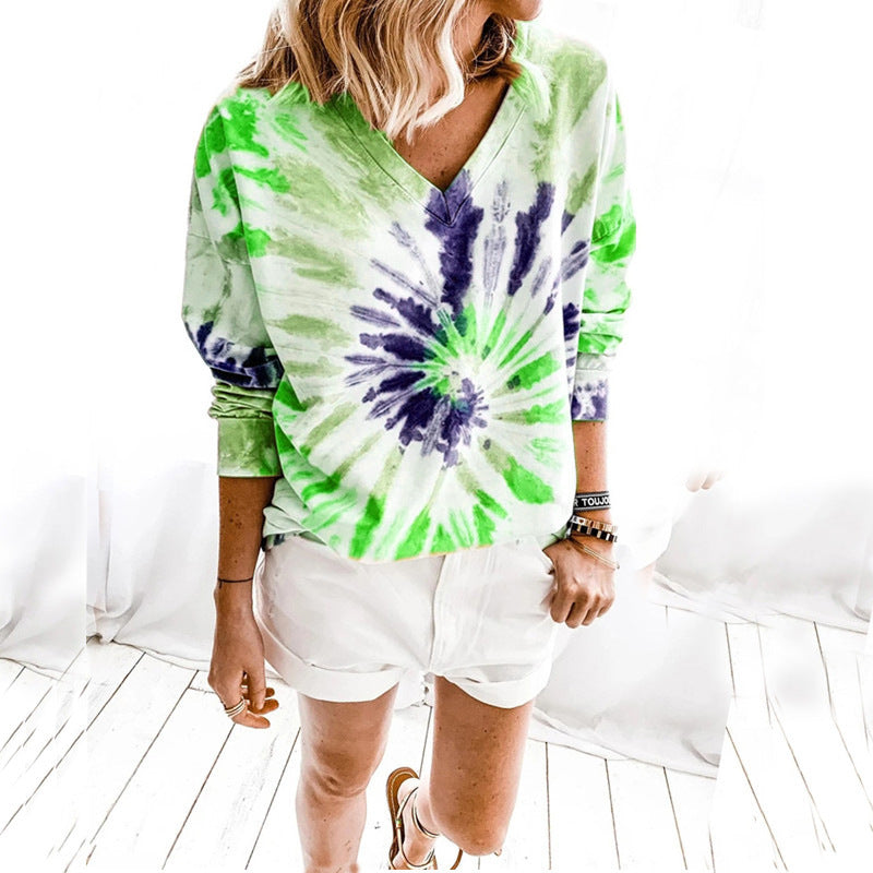 Damen Lässiges Batik-V‑Ausschnitt Sweatshirt mit lockerer Passform Echoarchiv