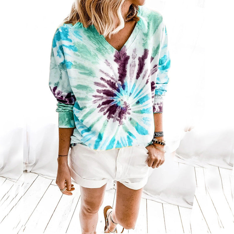 Damen Lässiges Batik-V‑Ausschnitt Sweatshirt mit lockerer Passform Echoarchiv