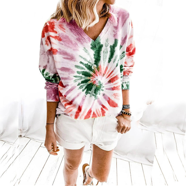 Damen Lässiges Batik-V‑Ausschnitt Sweatshirt mit lockerer Passform Echoarchiv