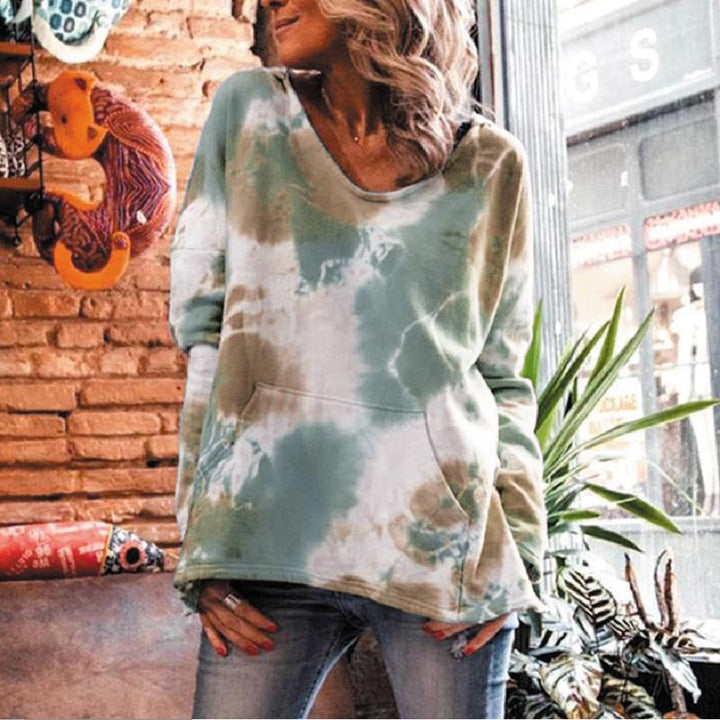 Damen Oversize Batik-Pullover mit V-Ausschnitt und Kängurutasche Echoarchiv