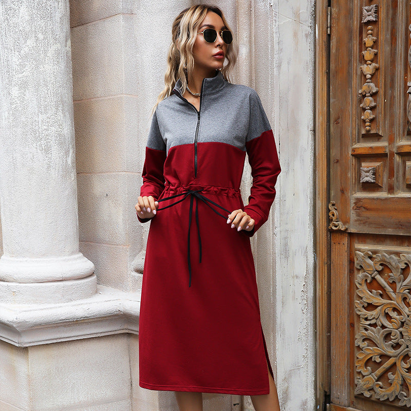 Damen Sportliches Midikleid mit Stehkragen, Reißverschluss & Taillenzug – Élara