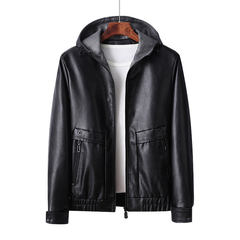 Herren leichte Kunstlederjacke mit Kapuze und praktischen Reißverschlusstaschen Echoarchiv