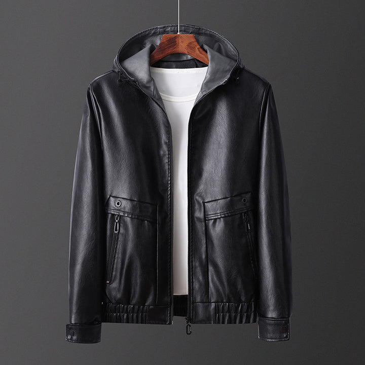 Herren leichte Kunstlederjacke mit Kapuze und praktischen Reißverschlusstaschen Echoarchiv