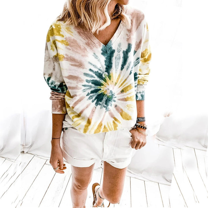 Damen Lässiges Batik-V‑Ausschnitt Sweatshirt mit lockerer Passform Echoarchiv