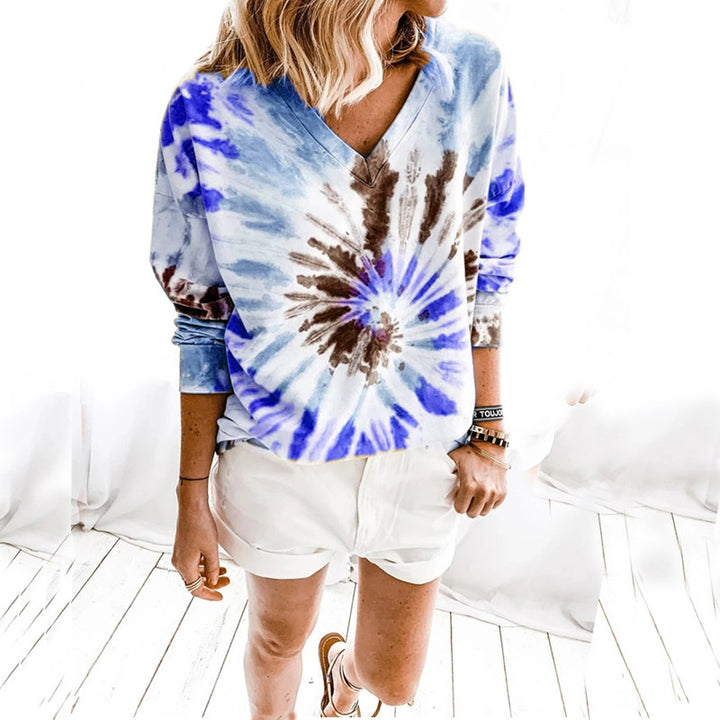 Damen Lässiges Batik-V‑Ausschnitt Sweatshirt mit lockerer Passform Echoarchiv