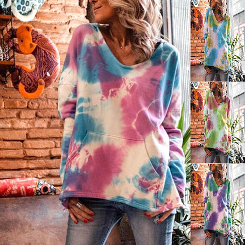 Damen Oversize Batik-Pullover mit V-Ausschnitt und Kängurutasche Echoarchiv