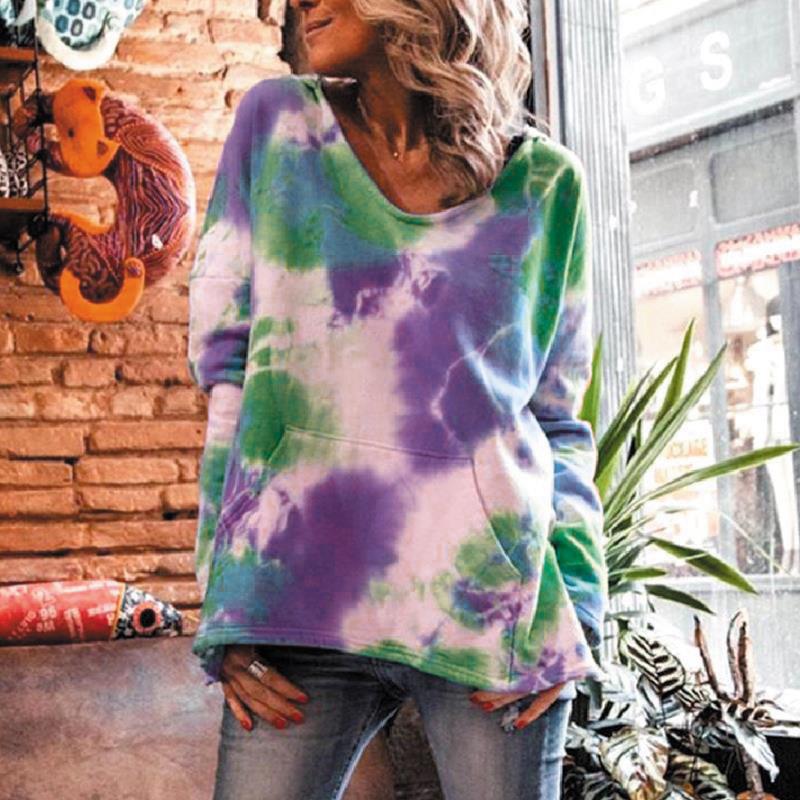 Damen Oversize Batik-Pullover mit V-Ausschnitt und Kängurutasche Echoarchiv