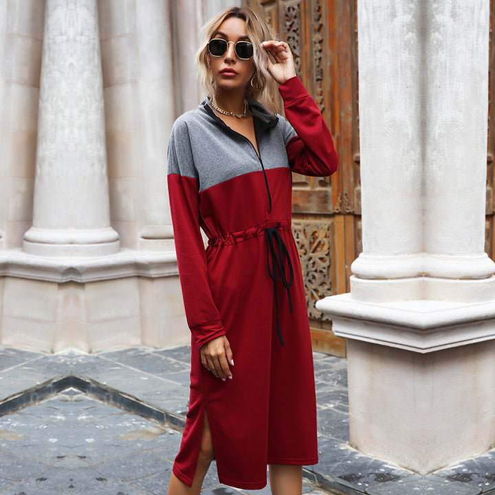 Damen Sportliches Midikleid mit Stehkragen, Reißverschluss & Taillenzug – Élara