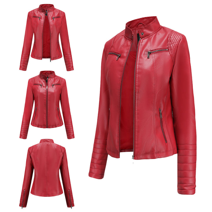 Damen nan taillierte Bikerjacke aus Kunstleder mit Stehkragen und gesteppter Ärmelpartie Echo Archiv