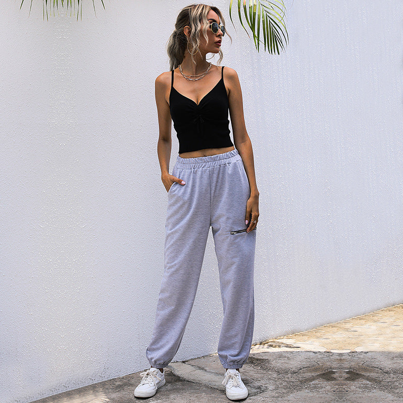 Damen Lässige High-Waist Sweathose mit Reißverschlusstasche und elastischem Saum Echoarchiv