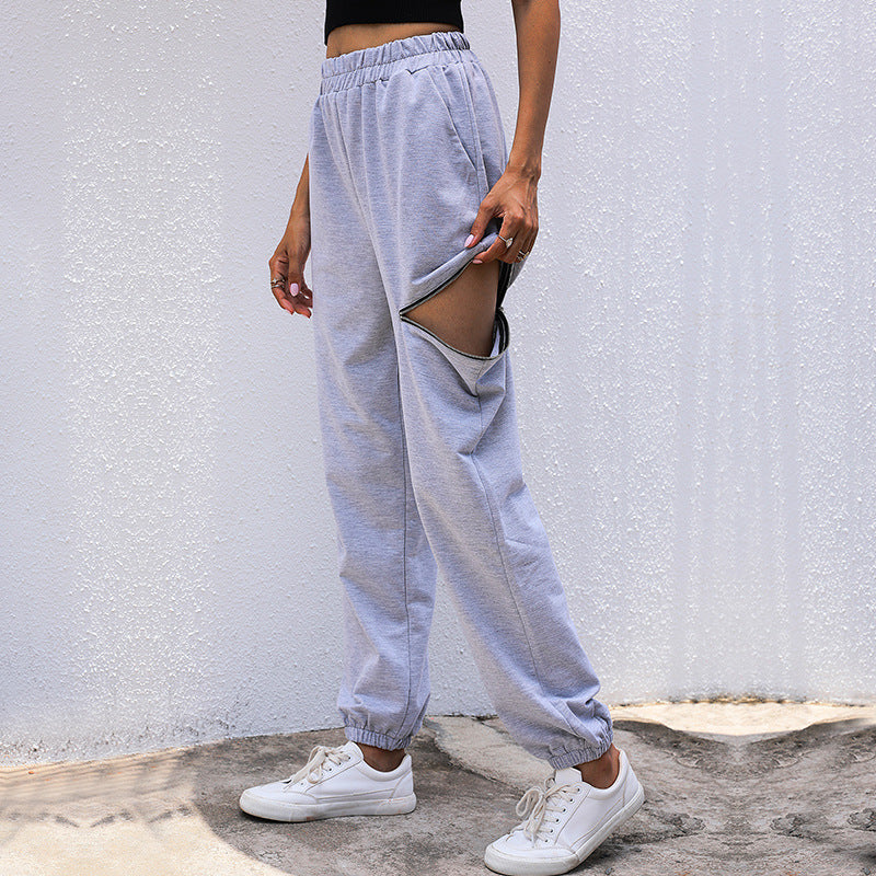 Damen Lässige High-Waist Sweathose mit Reißverschlusstasche und elastischem Saum Echoarchiv