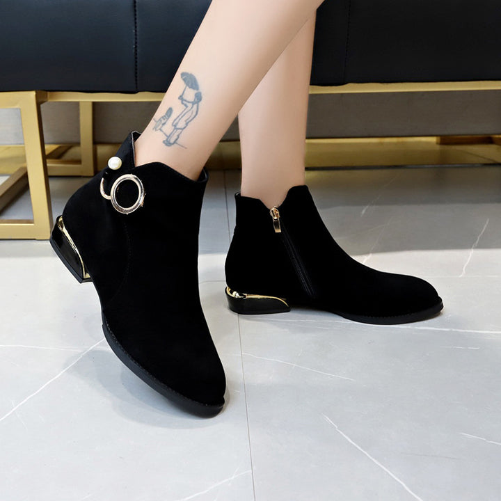 Damen nan knöchelstiefel aus Veloursimitat mit seitlichem Reißverschluss goldener Absatzkante und Perlenring Echo Archiv