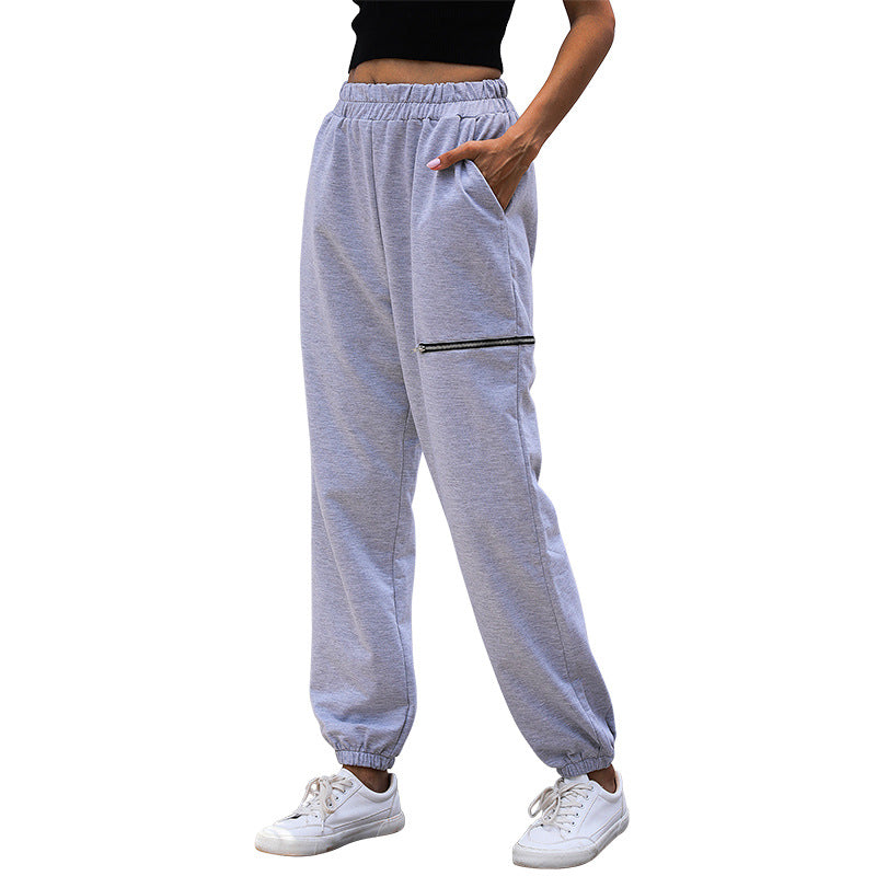 Damen Lässige High-Waist Sweathose mit Reißverschlusstasche und elastischem Saum Echoarchiv