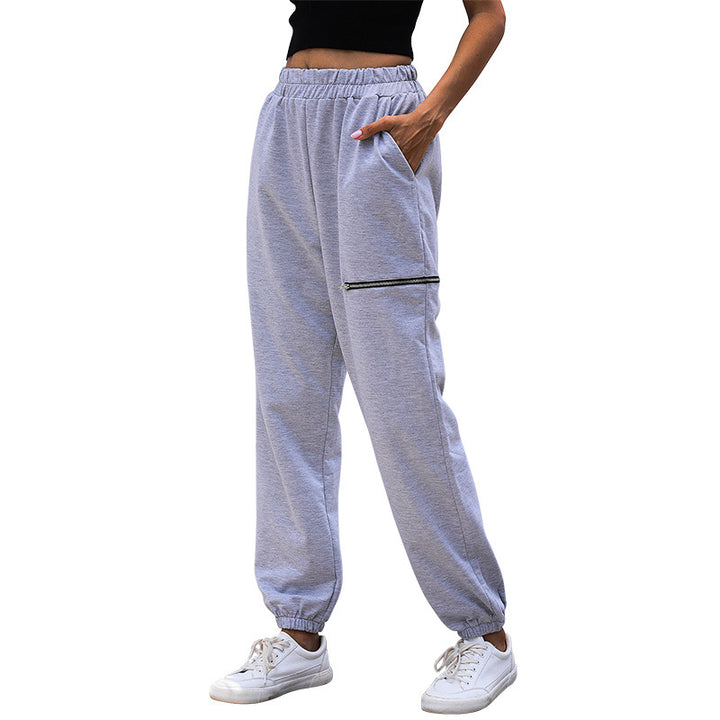 Damen Lässige High-Waist Sweathose mit Reißverschlusstasche und elastischem Saum Echoarchiv