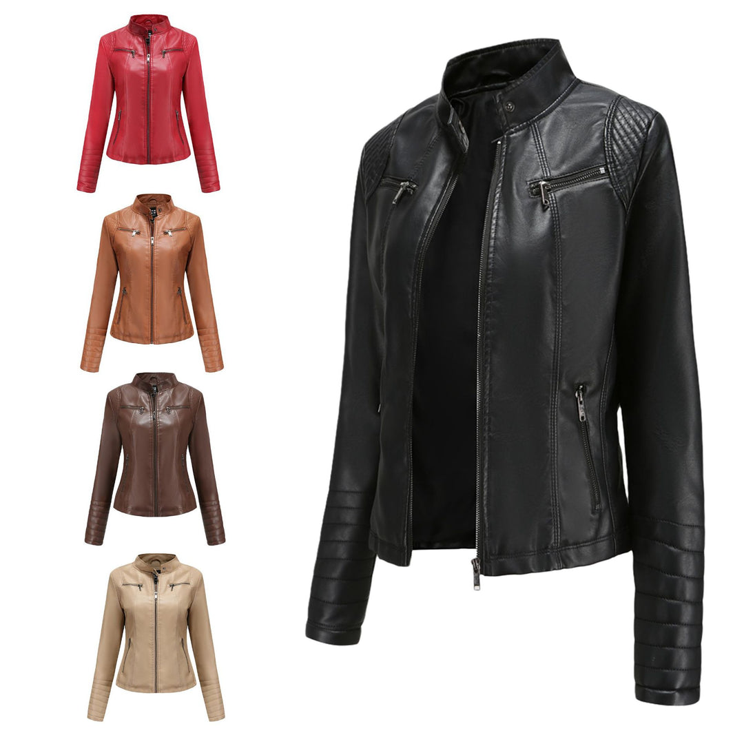 Damen nan taillierte Bikerjacke aus Kunstleder mit Stehkragen und gesteppter Ärmelpartie Echo Archiv