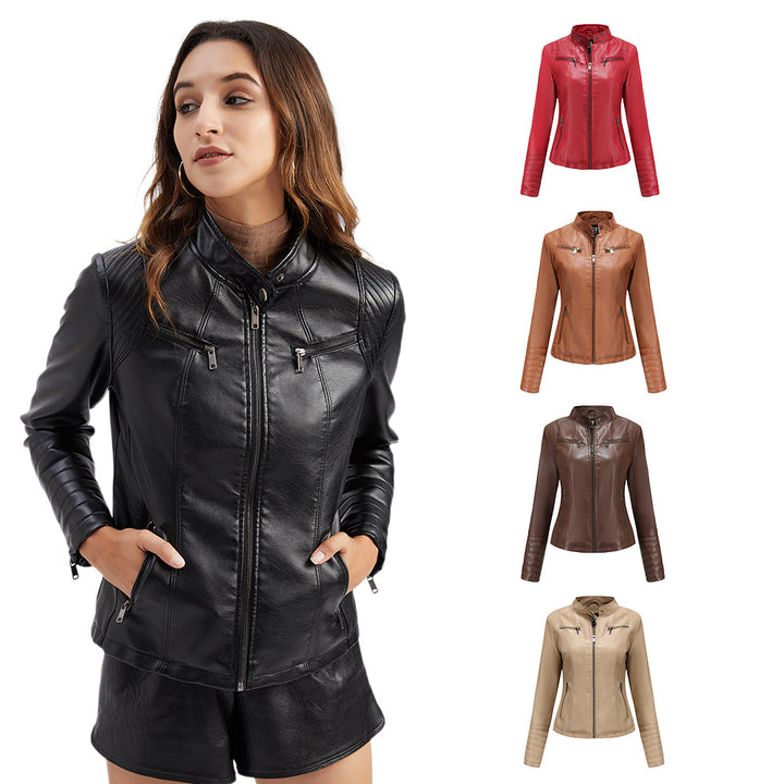 Damen nan taillierte Bikerjacke aus Kunstleder mit Stehkragen und gesteppter Ärmelpartie Echo Archiv