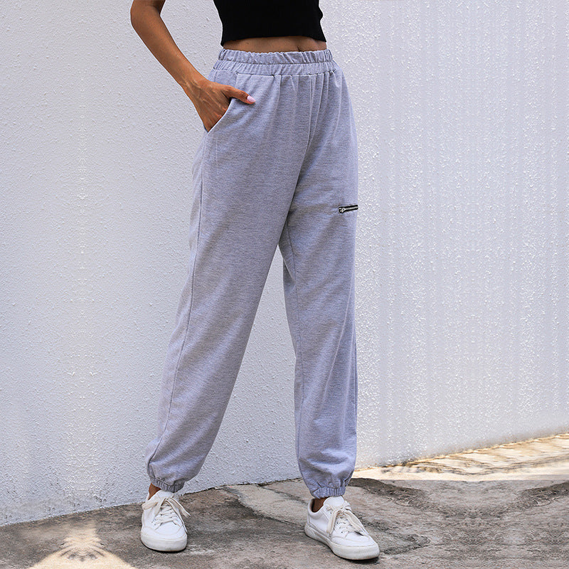 Damen Lässige High-Waist Sweathose mit Reißverschlusstasche und elastischem Saum Echoarchiv