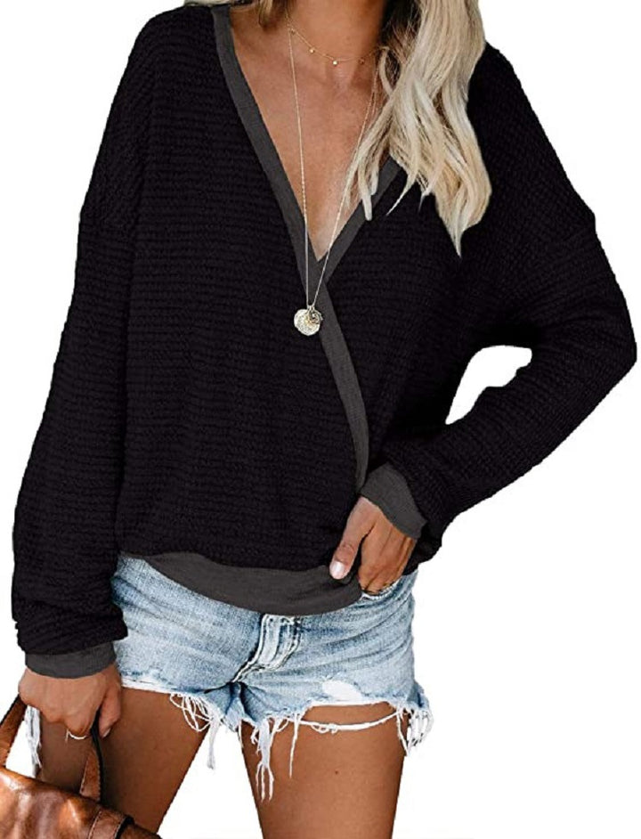 Damen Lockerer Waffelstrick-Pullover mit tiefem V-Ausschnitt und Lagen‑Look Echo Archiv