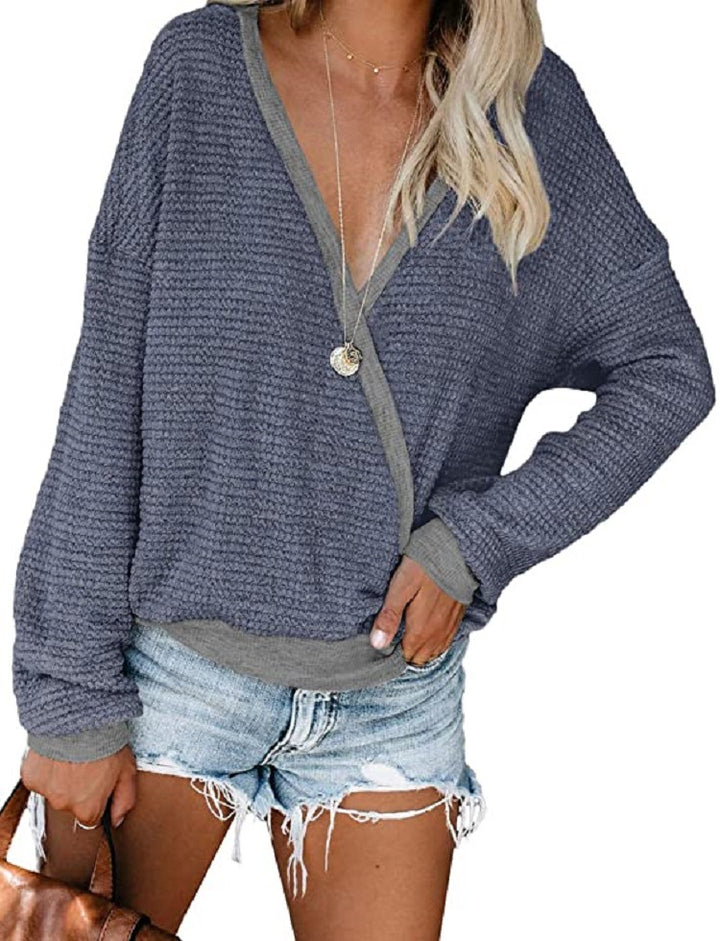 Damen Lockerer Waffelstrick-Pullover mit tiefem V-Ausschnitt und Lagen‑Look Echo Archiv