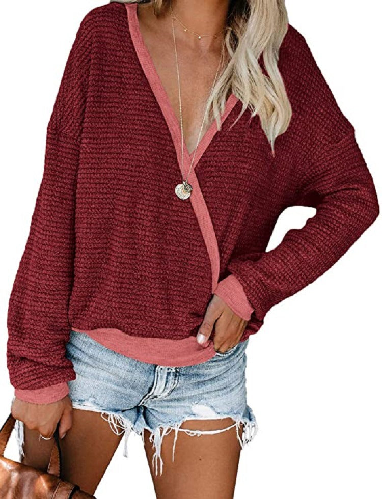 Damen Lockerer Waffelstrick-Pullover mit tiefem V-Ausschnitt und Lagen‑Look Echo Archiv