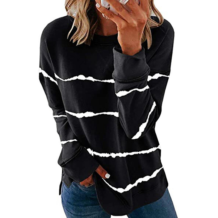Damen nan lässiges Oversize-Sweatshirt mit wellenförmigem Streifenmuster Rundhals Seitenschlitzen und gerundetem Saum Echo Archiv
